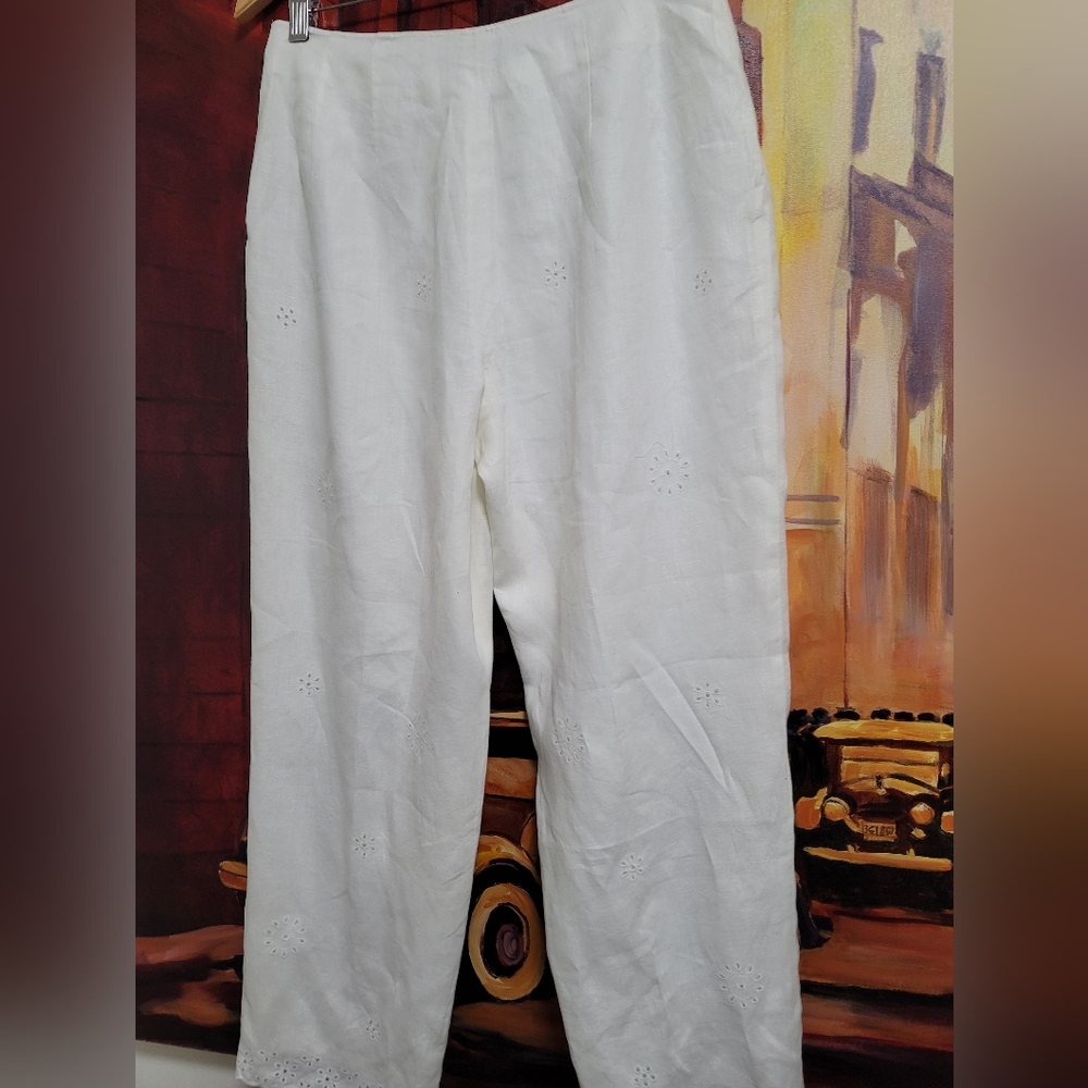 Charter Club White Linen Eyelet Lace Scalloped Hem Straight Leg Pants Size 8 - Picture 9 of 12